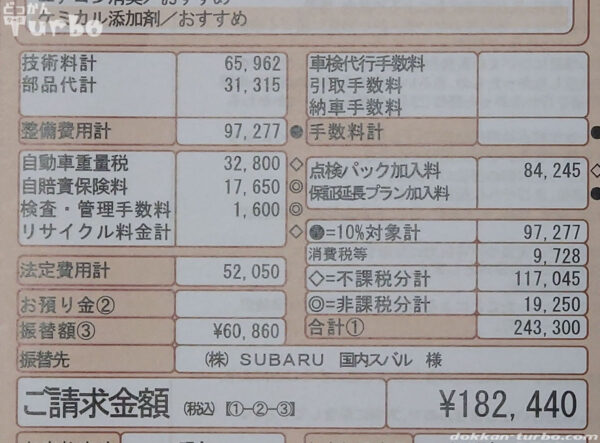 レヴォーグ4回目の車検費用